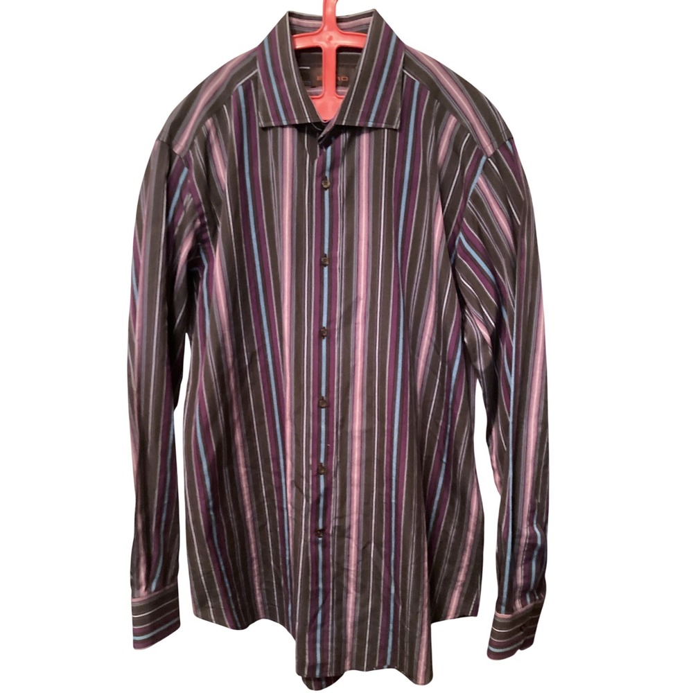 Etro Milano Mens Striped Button Down Shirt Brown Purple Blue Cotton Size 42 L